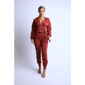 Women's Long Sleeve Zip-Up Strappy Terry Casual Hoodie Two-Piece Set Super Cute